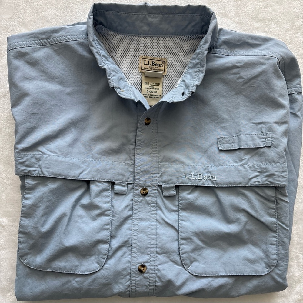 LL Bean Fishing Shirt Mens Large Tall Blue Long Sleeve Vented Outdoor Hiking